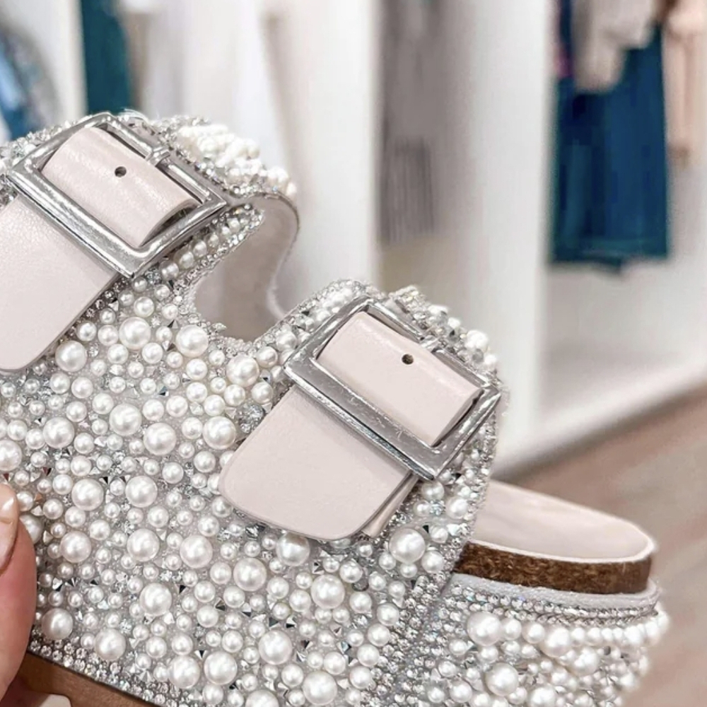 COPY - Silver and White Crystal Embellished Sandals with Double-Strap Design